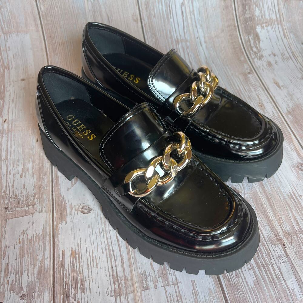GUESS Women's 7.5 Black Patent Chunky Lug Sole Gold Chain Loafers